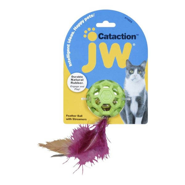 JW Pet Cataction Feather Ball with Bell Cat Toy Green 1ea One Size on Sale