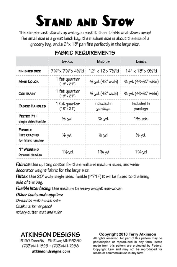 Atkinson Designs - Stand  N Stow Bag Pattern For Sale